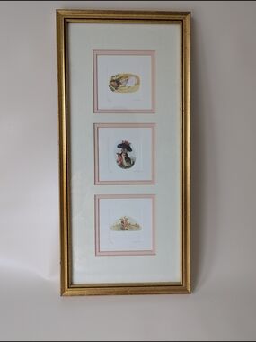 Gold Framed Triple Miniature Prints with Pink Matting